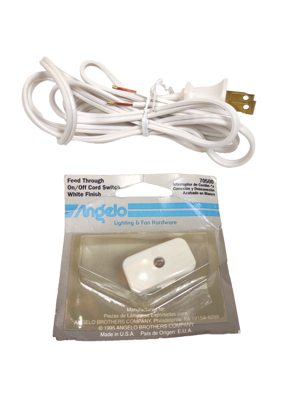 NOS Angelo 70500 Feed-Through On/Off Switch + 8 ft Power Chord Plug-In Wire NEW
